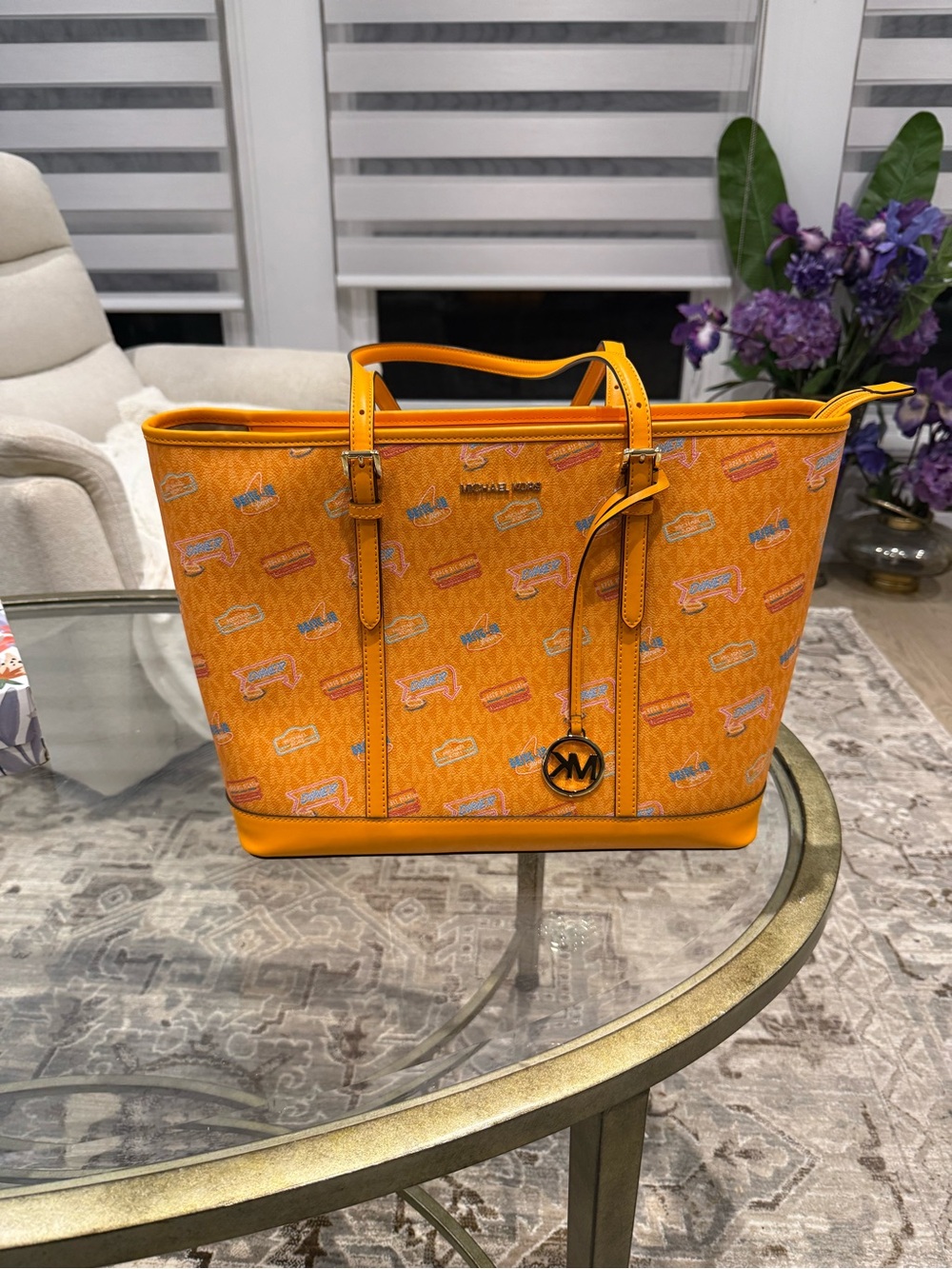 New Michael Kors Orange Logo Printed large Tote with MK Charm